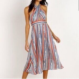 NWT ASTR THE LABEL S Gemma Halter Dress-Geo Multi Stripe